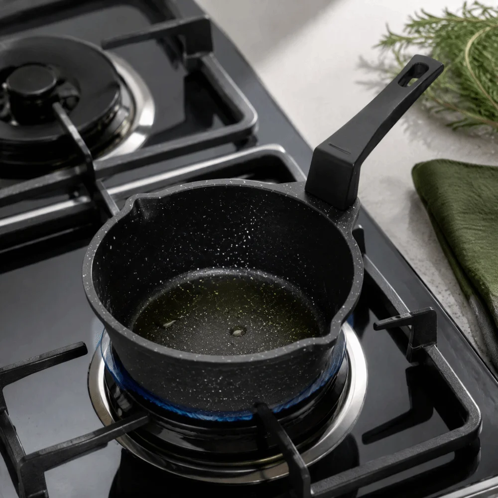 Aluminum Alloy, Plastic Hot Oil Pan Pink and Beige Black Deepening Design Milk Warmer Pot Versatile Use Easy Cleanup Surface