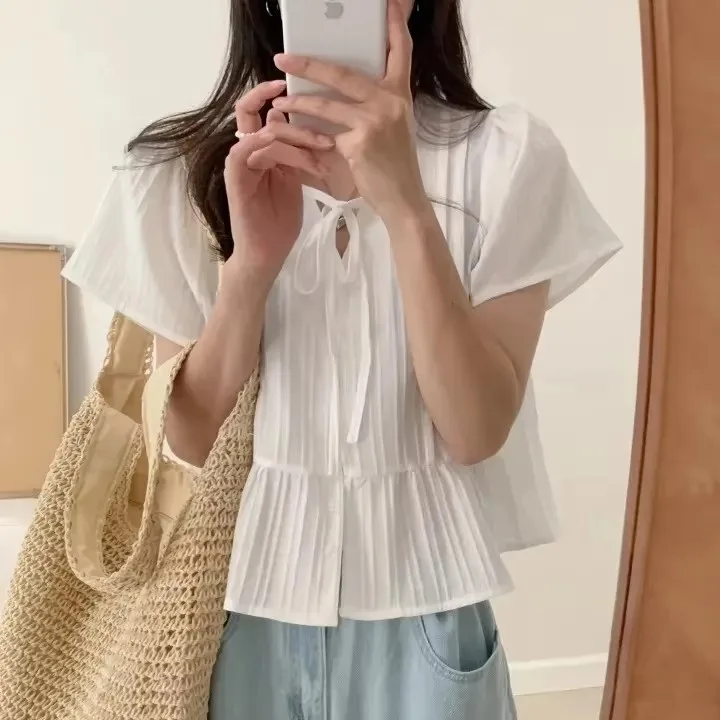 Koreański styl MD, słodki, prosty, wyszczuplający, okrągły dekolt, luźny krój, odprowadzający wilgoć, modny top damski do pracy.