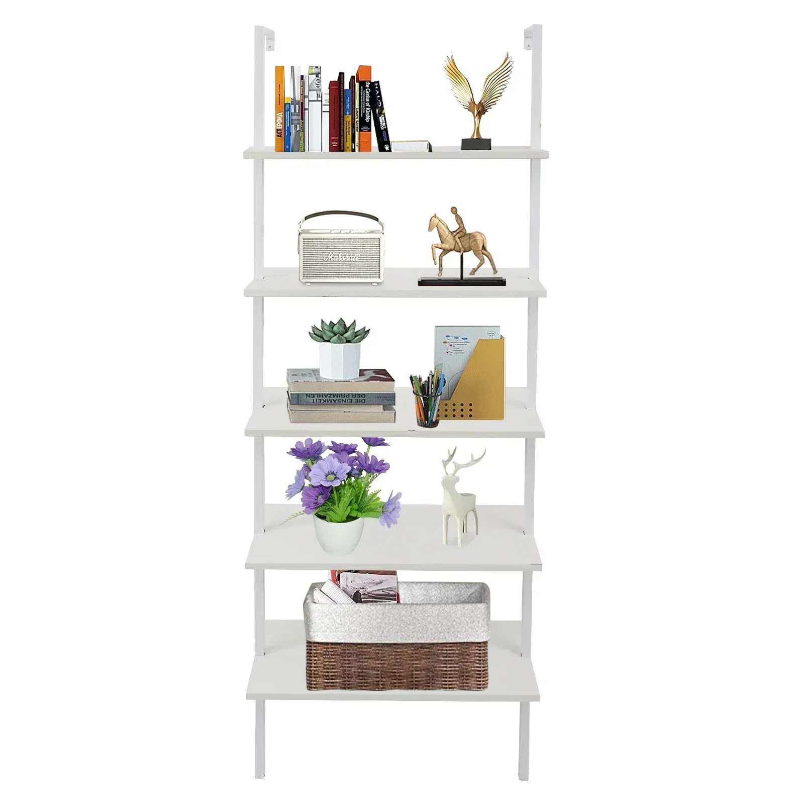 5-Shelf Wood Ladder Bookcase with Metal Frame, Industrial 5-Tier Modern Ladder Shelf Wood Shelves,White cube shelf book shelves