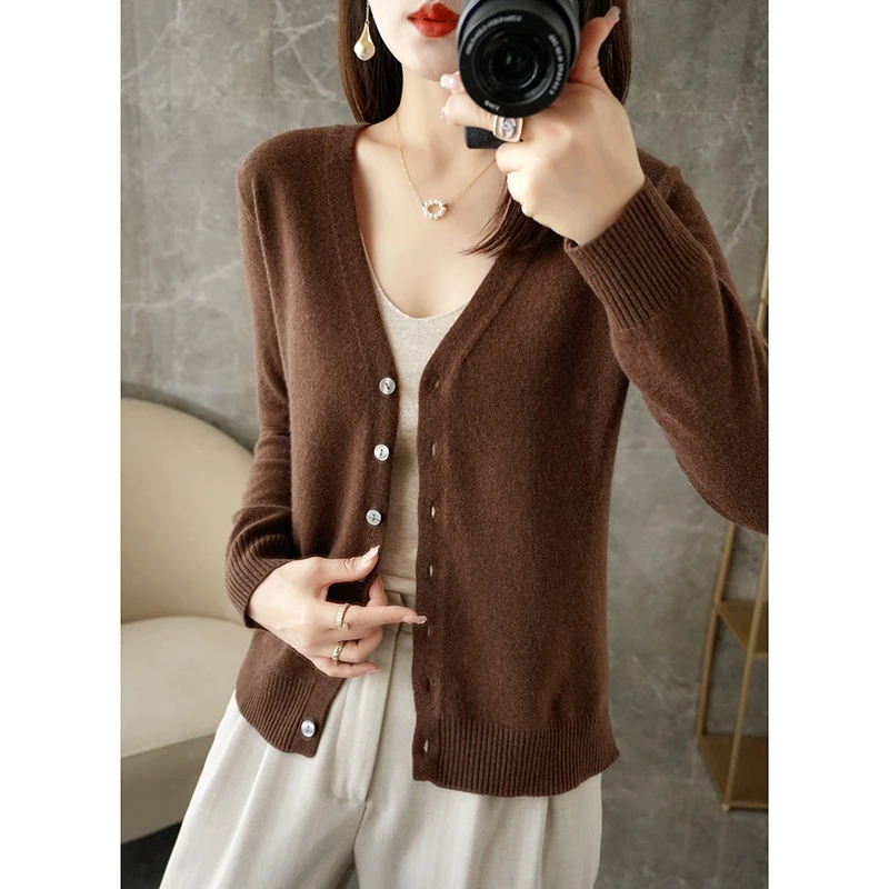 Ceci est un nouveau Cardigan tricoté à boutons pour femmes, à la mode d'automne, à manches longues et col en v, qui est léger et confortable-ZD035