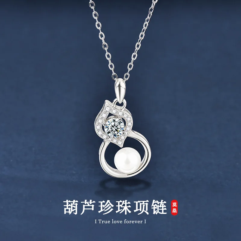 

S925 pure silver natural freshwater pearl necklace, moissanite gourd pendant, collarbone chain jewelry wholesale