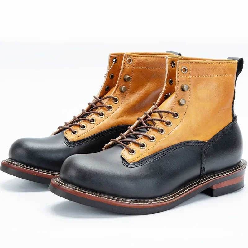 First Layer Cow Leather Retro Tooling Boots Men's Leather Stitching Round Toe Short Boots Men Black