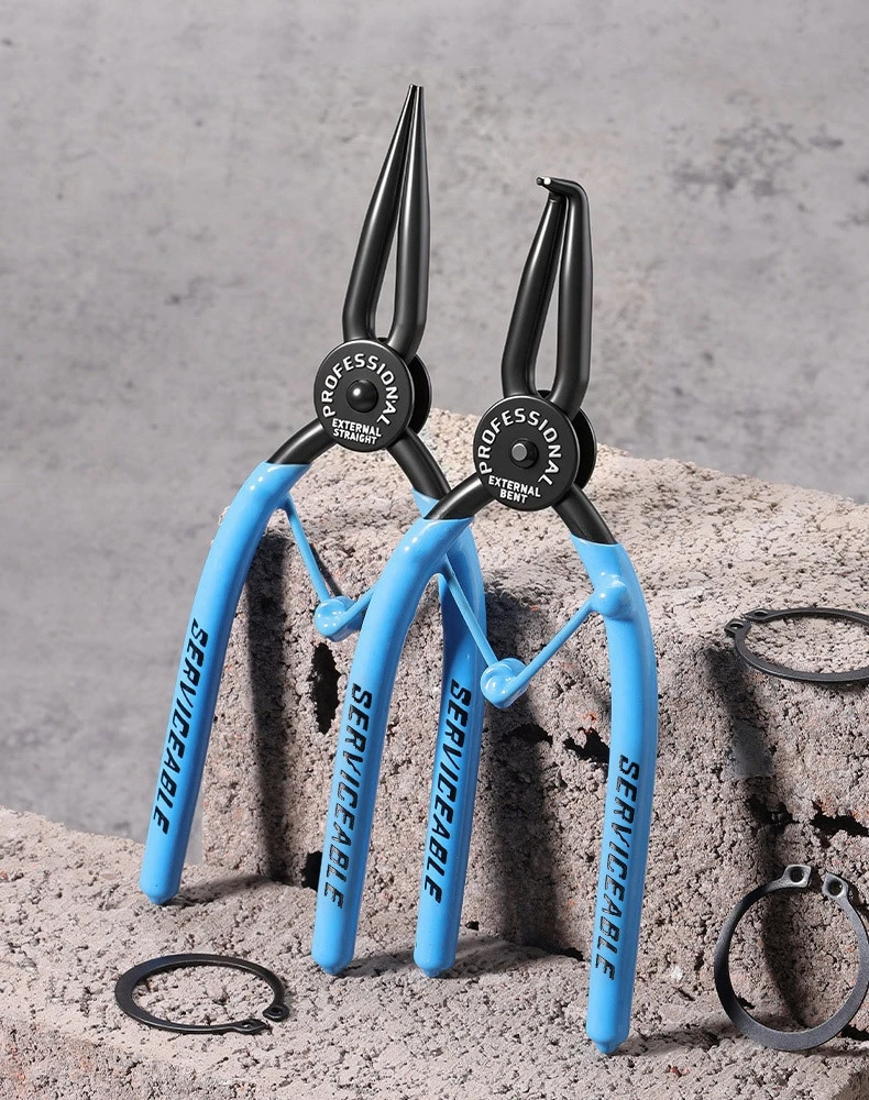 Snap Ring Pliers, 7-Inch Heavy Duty Internal/External Circlip Pliers with Straight & Bent Jaw Tips Motor Repair, Spring-Loaded