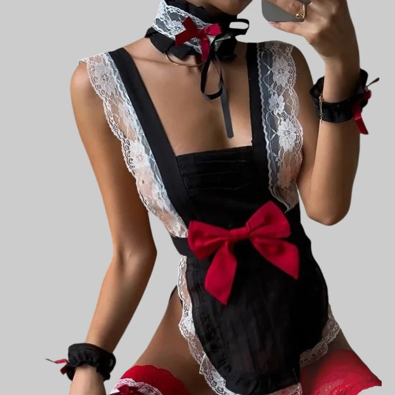 

Toucheart Women Sexy Maid Costume Cosplay Lace Uniform Slim See-through Hollow Bow Knot Premium Interesting Seductive Cute Set