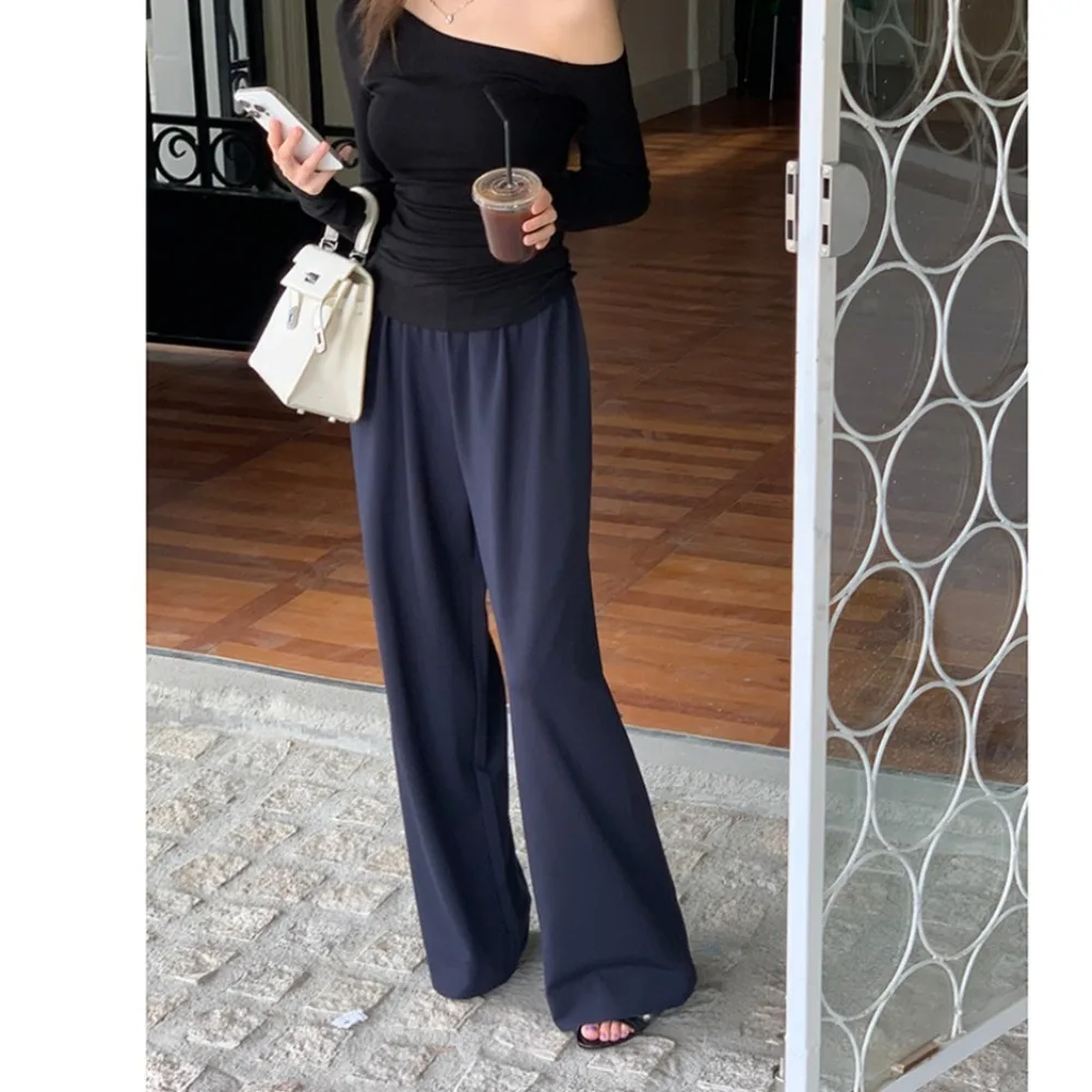 

Осенние новые однотонные тонкие женские брюки Простые базовые женские брюки с высокой талией Свободные темно-синие повседневные прямые брюки женские