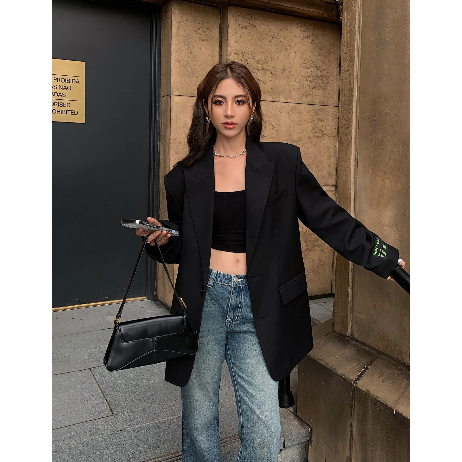 Women Wide Shoulder Blazer Casual Loose Suit Jackets Classic Coat Office Lady Clothing Chic Outwear Outfits Female Stylish Tops