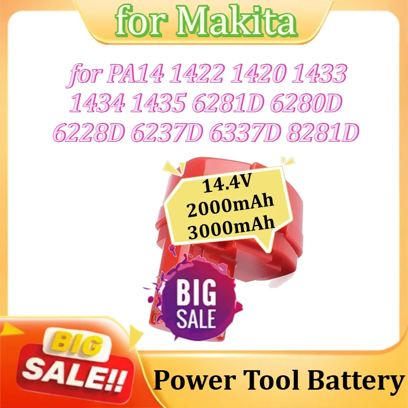 

NiMH Replacement Battery for Makita PA14 1422 1420 1433 1434 1435 6281D 6280D 6228D 6237D 6337D 8281D 14.4V 2000mAh 3000mAh