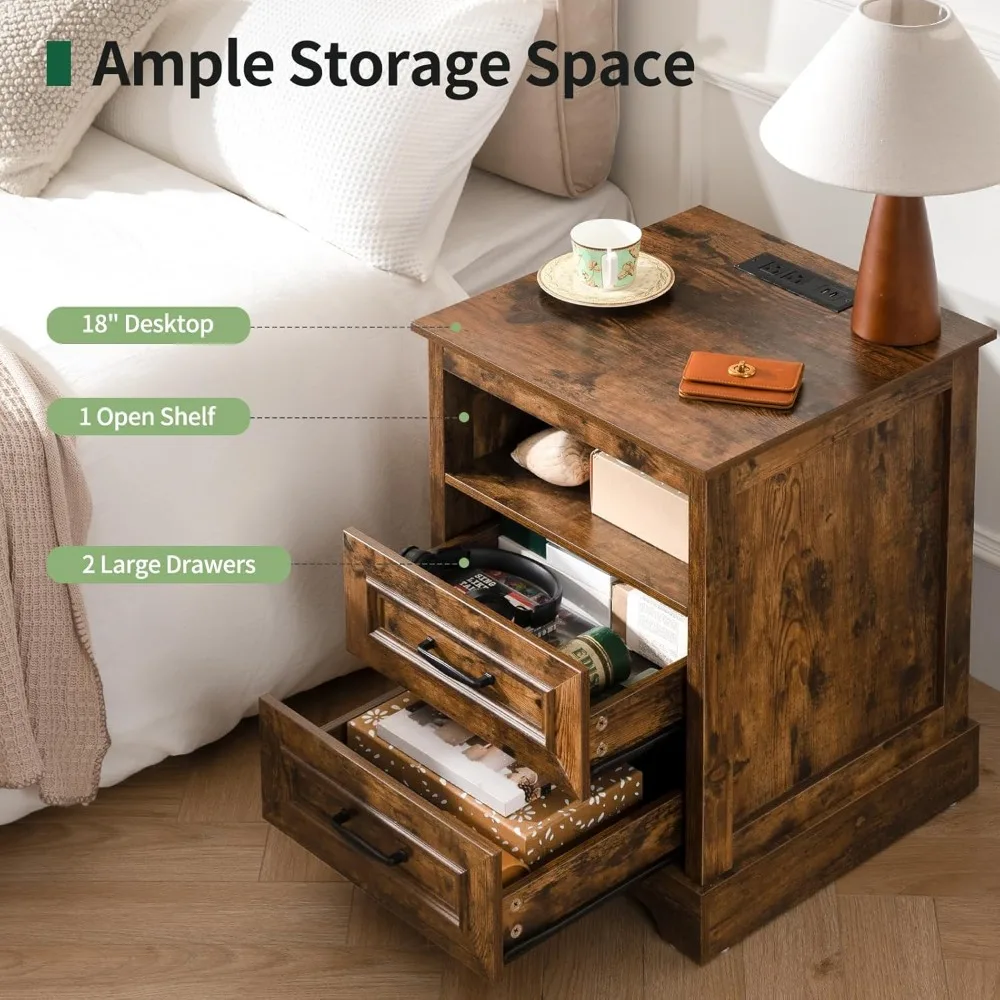 منضدة خشبية لمحطة شحن مع أدراج ورف تخزين مفتوح، وطاولة بجانب السرير لأسلوب المزرعة الحديثة #4