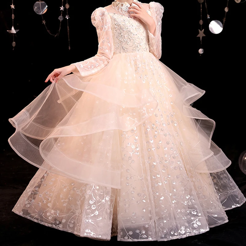 Girls Princess Bridesmaid Dress Kids Long Sleeves Wedding Birthday Party Host Evening Dresses for 4-14 Children Fashion Clothes
