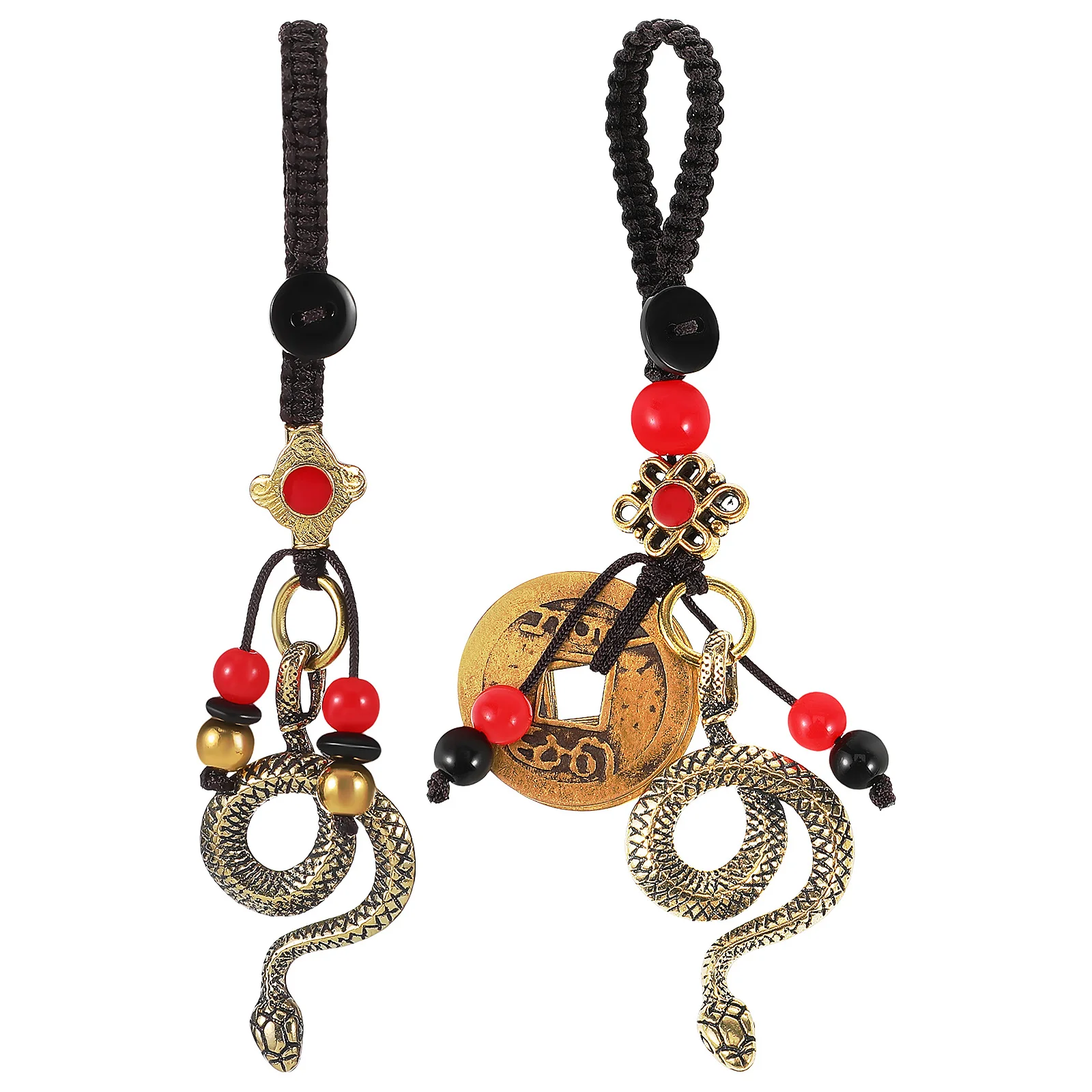 

2 Pcs Brass Keychain Snake Decor Fortune Pendants Car Ornament Chinese New Year Coaster