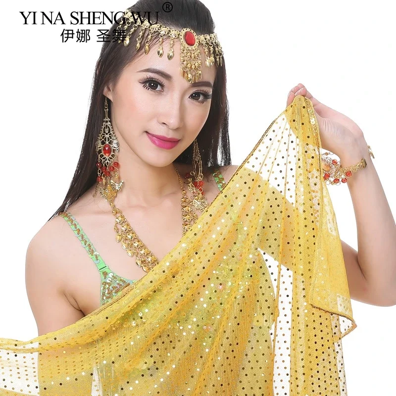 Bufanda para danza del vientre, chal con lentejuelas brillantes, velos de medio círculo puesta en escena, velo profesional de gasa para danza del vientre para mujer, 210x95cm