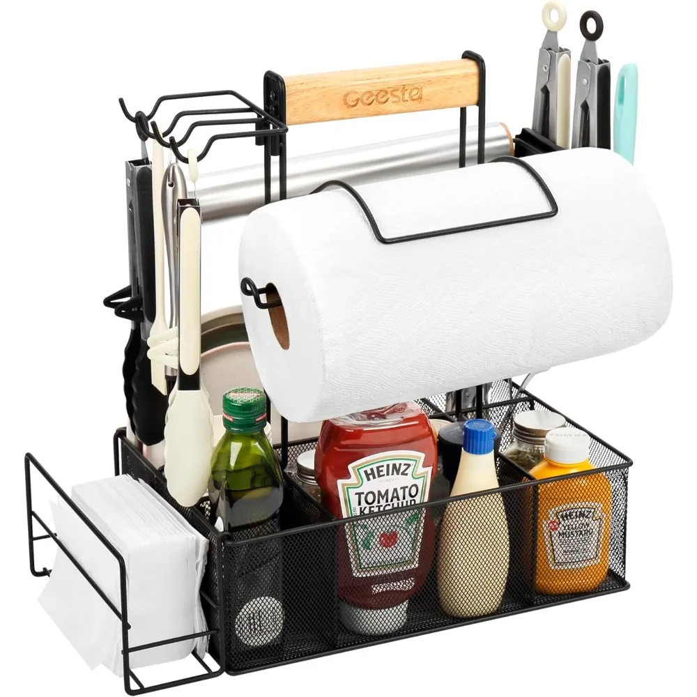 

Portable BBQ Caddy with Magnetic Tool Holders, Paper Towel Rack & Adjustable Compartments for Outdoor Cooking