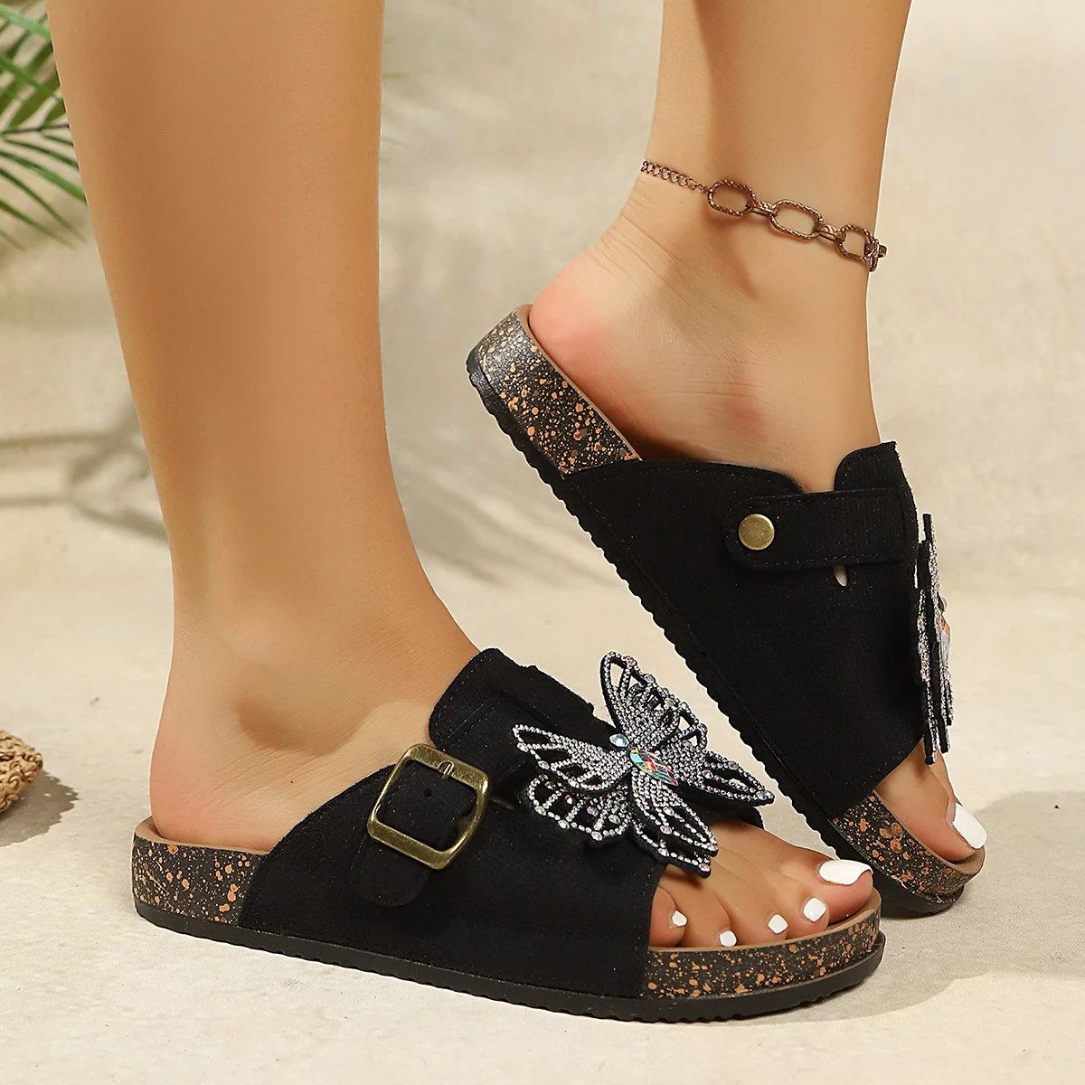 Hot Summer New Women cork soled Baotou glitter fabric rhinestone butterfly buckle Half-Slippers Fashion Outdoor Non-slip sandals