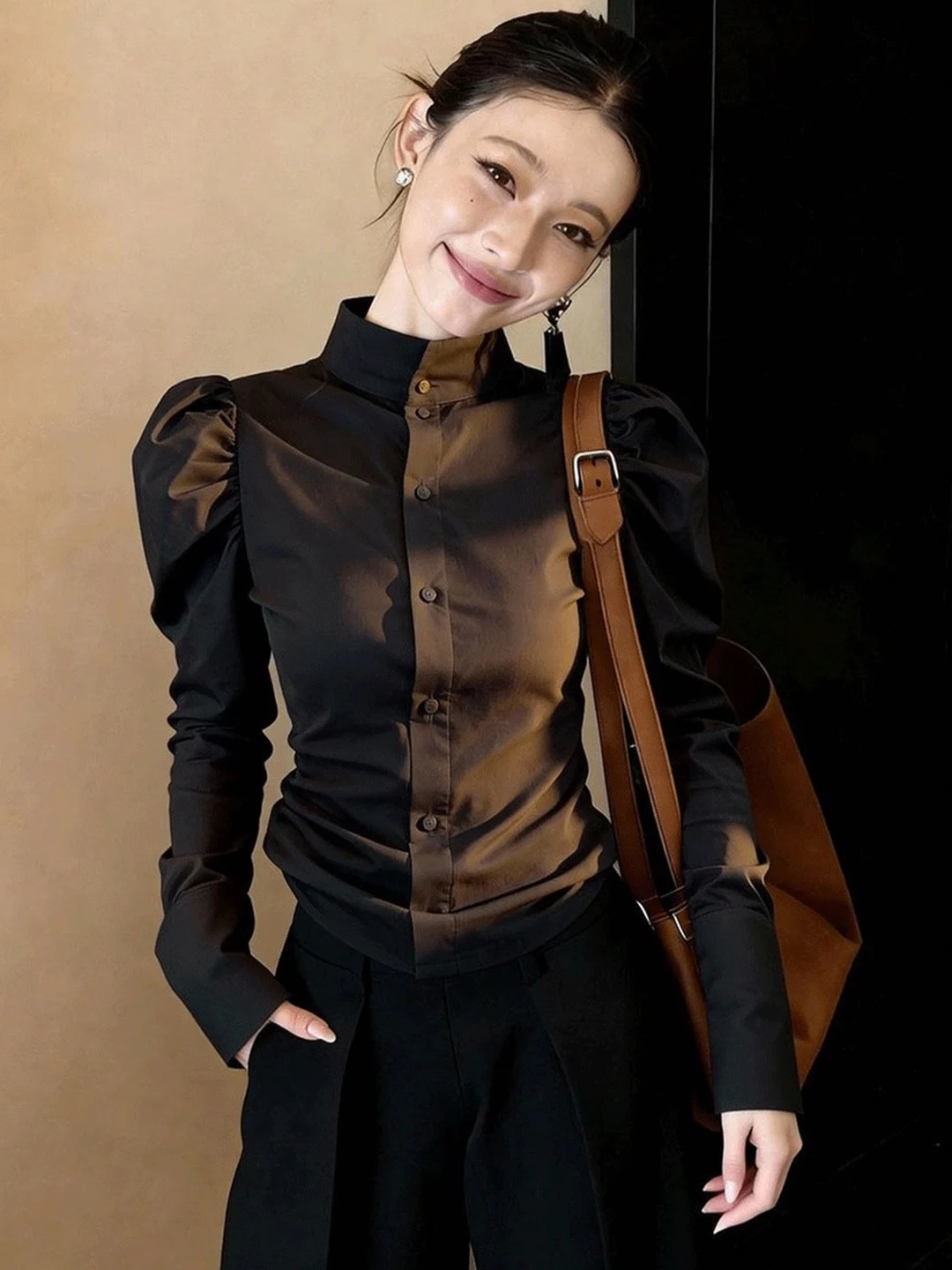 

Korean Style Bubble Sleeve Shirt Slim Fit Stand Collar Base Layer Waist Cinched Ladies Top Long Sleeve Commute Fashion