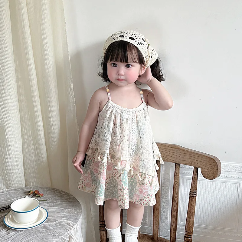 

New Korean Girls Jacquard Tassel Camisole Dress 2025 Summer Cute Ethnic Style Dress for Girls Baby Clothing