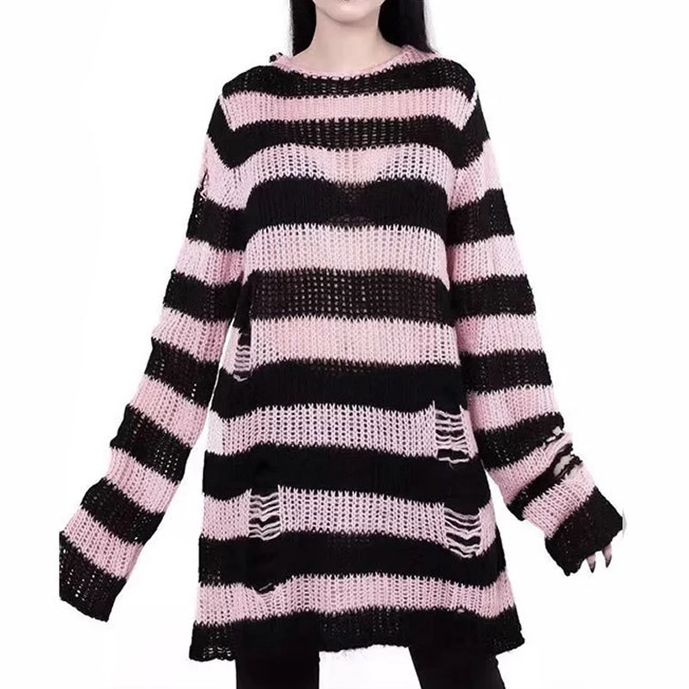 Womens Oversized Pullover Sweater Ripped Design 90s Grunge Stripe Pattern Loose Fit Gothic Knitted Jumper with Distressed Look