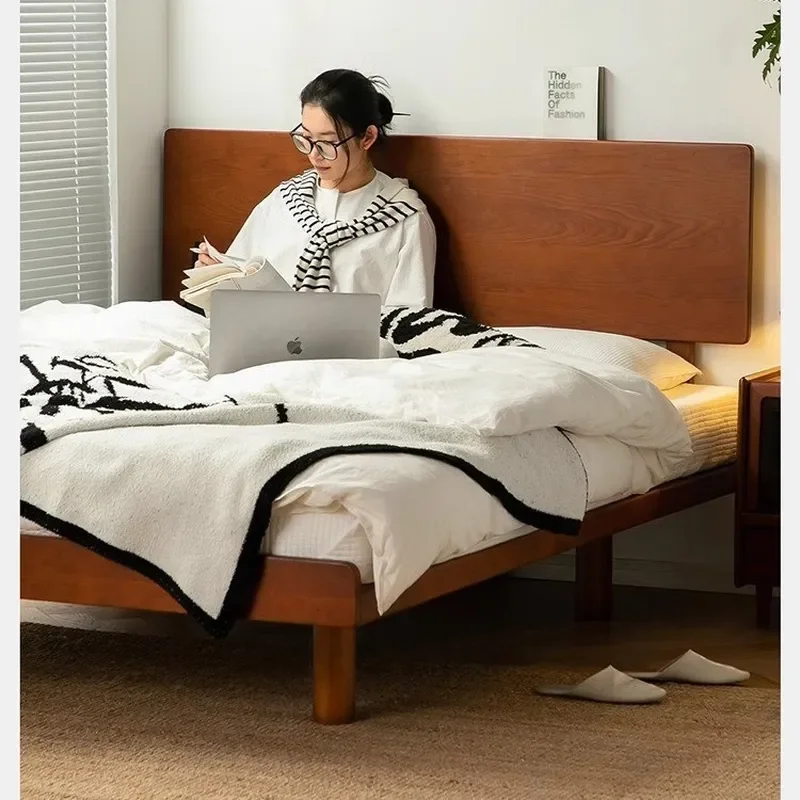 Nordic Cherry Wood Flush Edge Bed 1.5m 1.8m Retro Japanese Style Simple Solid Wood Double Bed for Small Apartment