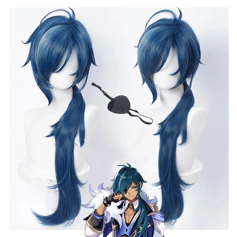 

Genshin Impact Kaeya Cosplay Wig 80cm Long Ink-blue Heat Resistant Synthetic Hair Peluca Anime Cosplay Wigs + Wig Cap