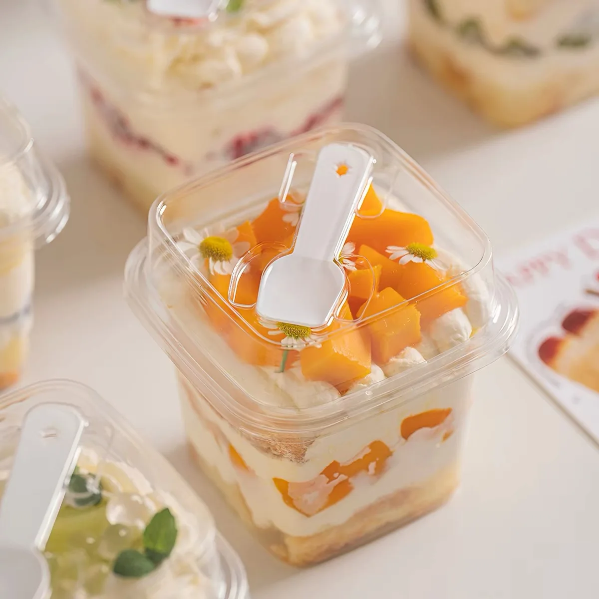 Cake Box Packaging Box Small Tiramisu Mousse Dessert Disposable Packaging Cream Square Mousse Cake Rectangular with Spoon and Lid 50Pcs
