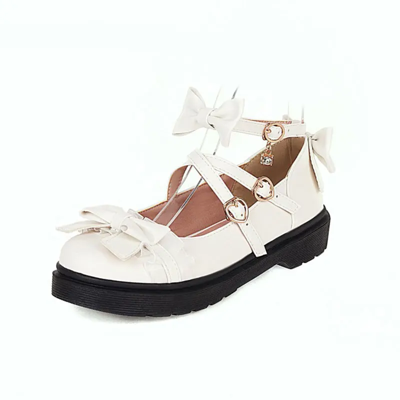 

Туфли для девочек с перекрестным ремешком, женские туфли Мэри Джейн на низком каблуке, свадебная вечеринка, белые, розовые, с оборками и бантом, туфли принцессы для косплея Лолиты, размеры 33-43