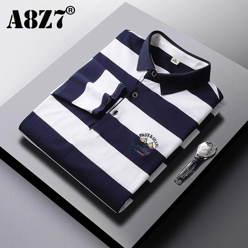 Men Autumn Winter Classic Striped Polo Mens Cotton Long-Sleeved Embroidered Business Casual Spring Polo Shirt Male Dropshipping