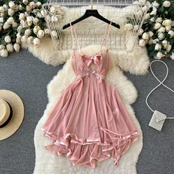 Sweet Sexy Lace Patchwork Strap Dress Bow Hollow Backless Sleeveless Nightgown Women Nightdress Pajamas Hot Slim Pleated Dress