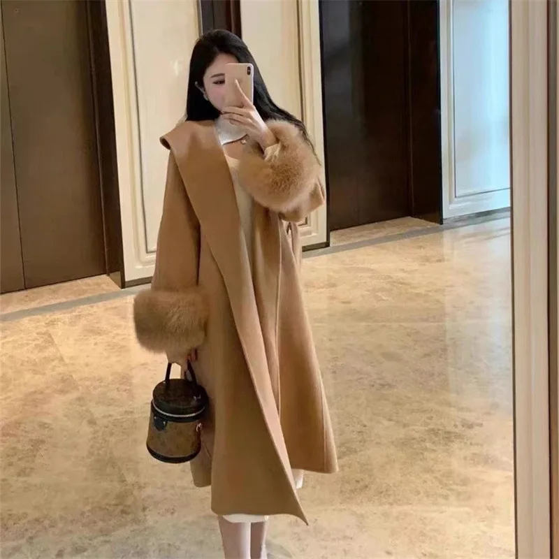 Fox fur cuffs double-sided cashmere coat 2024 new style big collar belt medium long woolen coat for women