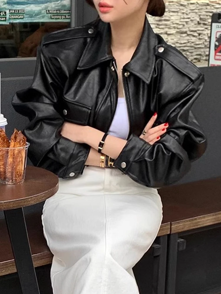 Sli outono motocicleta jaet feminino solto ajuste colarinho duplo ket ort casaco de couro do plutônio na moda comute resistente ao vento