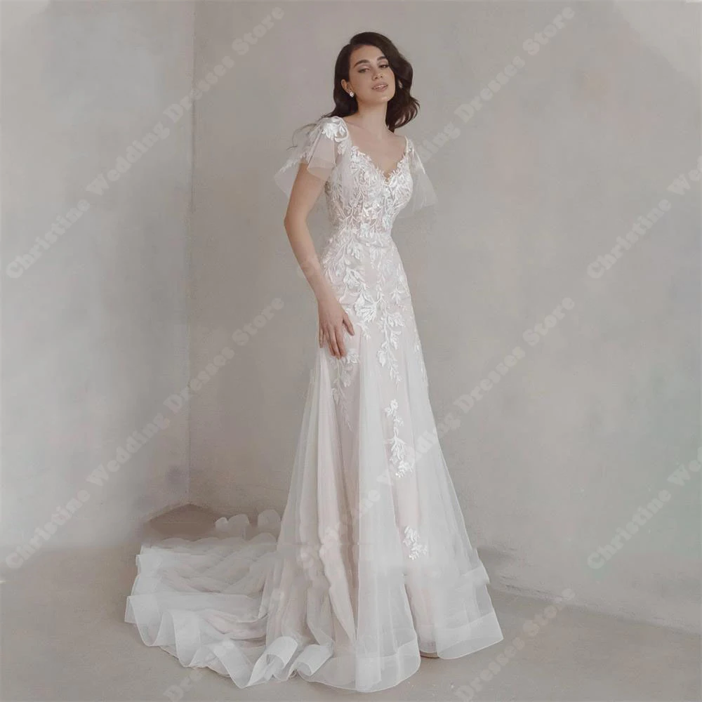 Robe de mariée en dentelle à manches courtes, col en V, appliques, tulle imprimé floral, patients, quel que soit le nouveau, robes de princesse dos nu, mariée unie, 2024