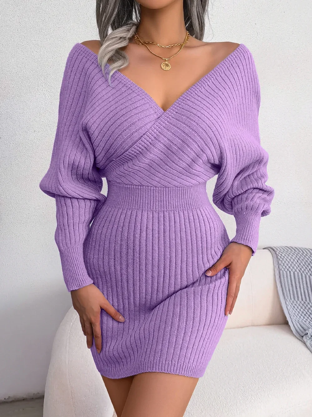 2024 Spring Bodycon Sweater Dresses For Women New Autumn Casual Long Sleeve Knitted Clothes White Green Blue Black Purple Dress