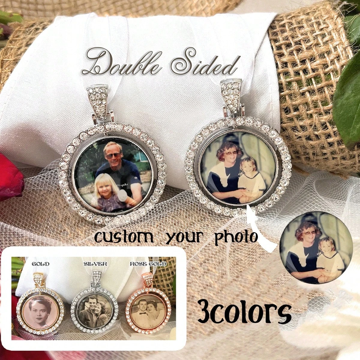 Double-Sided Photo Bridal Bouquet Charm, Wedding Remembrance Gift for Bride, Memorial for Loss of Loved One, Attach to Bridal Bo
