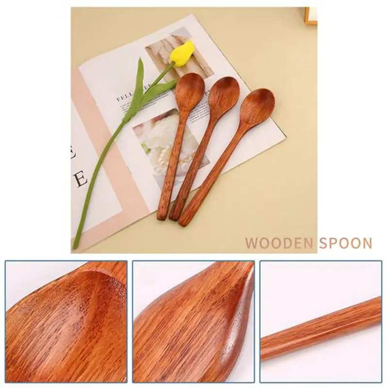 AT21-Wooden Spoons, 12 Pieces Wood Soup Spoons For Eating Mixing Stirring, Long Handle Spoon Kitchen Utensil