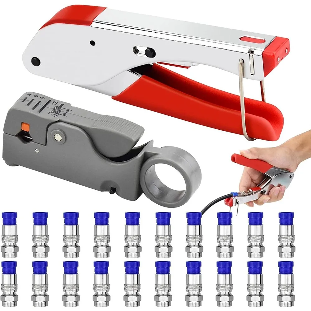 1 ensemble de 20 outils de sertissage pour câbles coaxiaux RG59 et RG6, pince à sertir avec connecteurs F et dénudeur de fils – en acier au carbone.