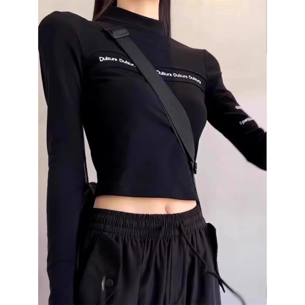 American Style Sweet Cool Girl T-Shirt Women's Long Sleeve Sporty Short Style Slim Fit Shoulder Stand Collar Top