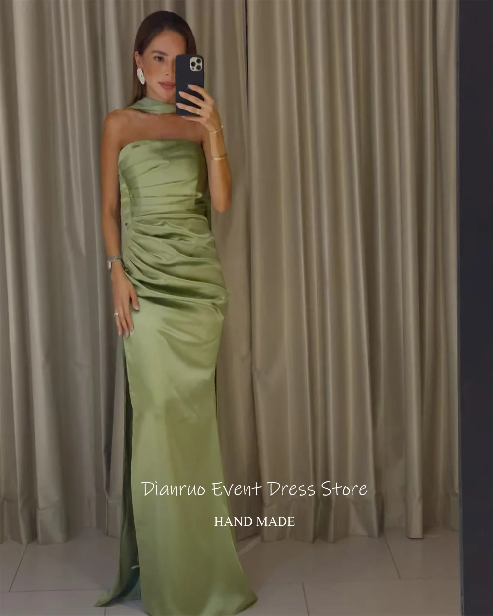 Dianruo グリーン ノースリーブ ストラップレス イブニング ドレス サテン サイド スプリット プロムドレス エレガント バックレス リボン Abendkleider カスタマイズ