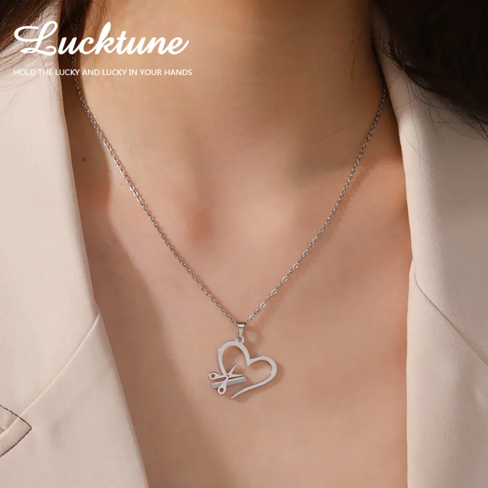 Lucktune Heart Scissors Comb Pendant Necklace Stainless Steel Chain Necklace for Women Hairstylist Punk Jewelry Birthday Gift