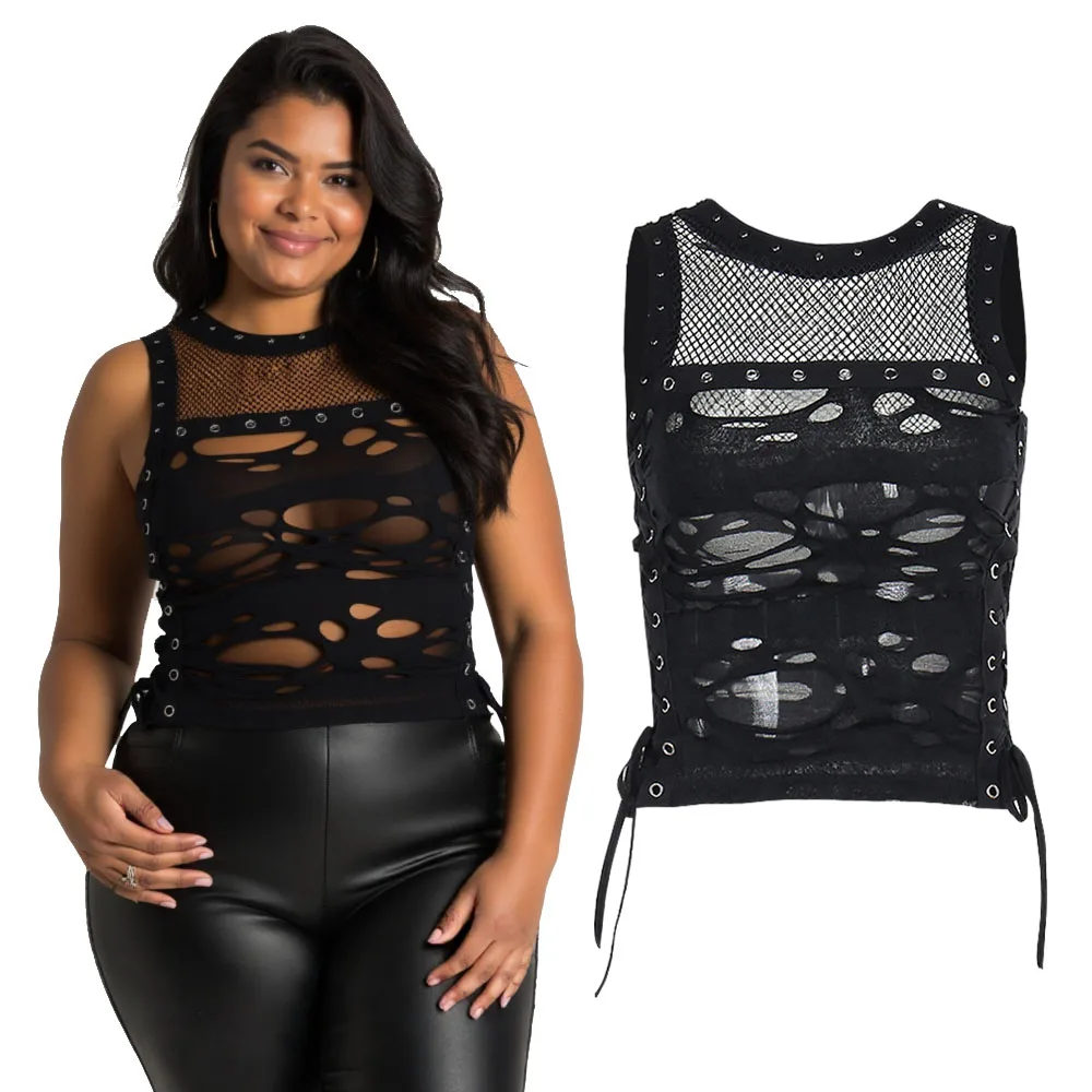 

Готический рваный ажурный вставной люверс с боковой шнуровкой, сексуальный жилет, черный женский укороченный топ на бретелях с круглым вырезом