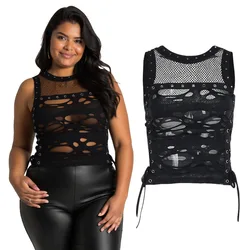 Gothic Ripped Fishnet Panel Grommet Side Lace Up Sexy Vest Black Round Neck Women Crop Tank Top