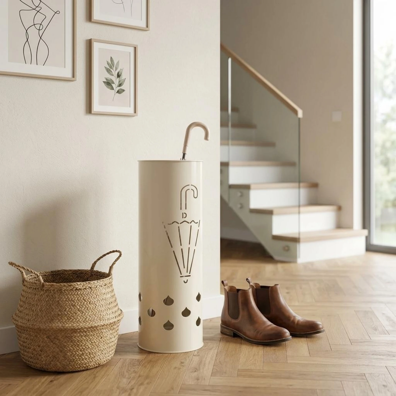 Metal Umbrella Stand Freestanding Cylindrical Umbrella Stand Teardrop Openings Polished Round Body for Doorway