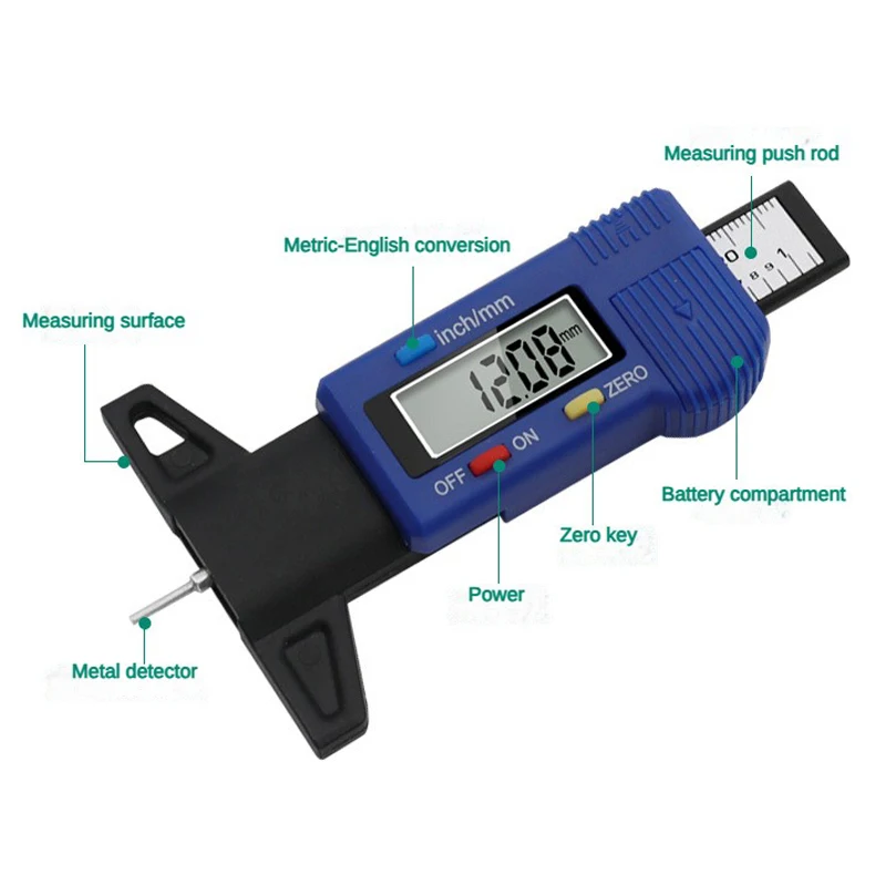 LCD Digital CarTyre Tire Tread Depth Gauge Tire Monitoring System Stainless Steel Caliper Depth Gauge  Inspection Measurer Tools