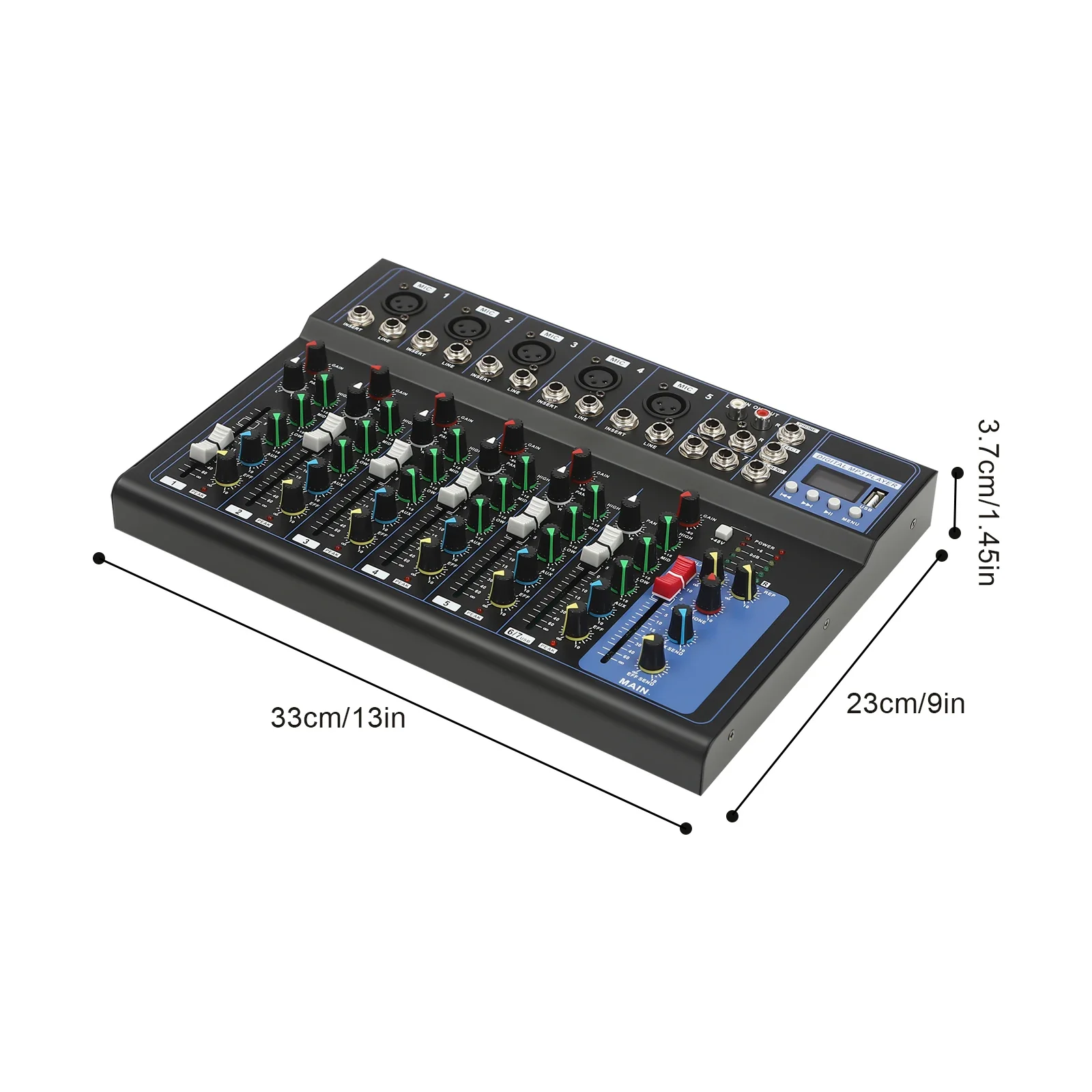 7-Channel Professional Stereo Mixer Digital USB Computer Jack 3-Band Equalizer 6 Music Modes 48V Phantom Power Stereo DJ Mixer