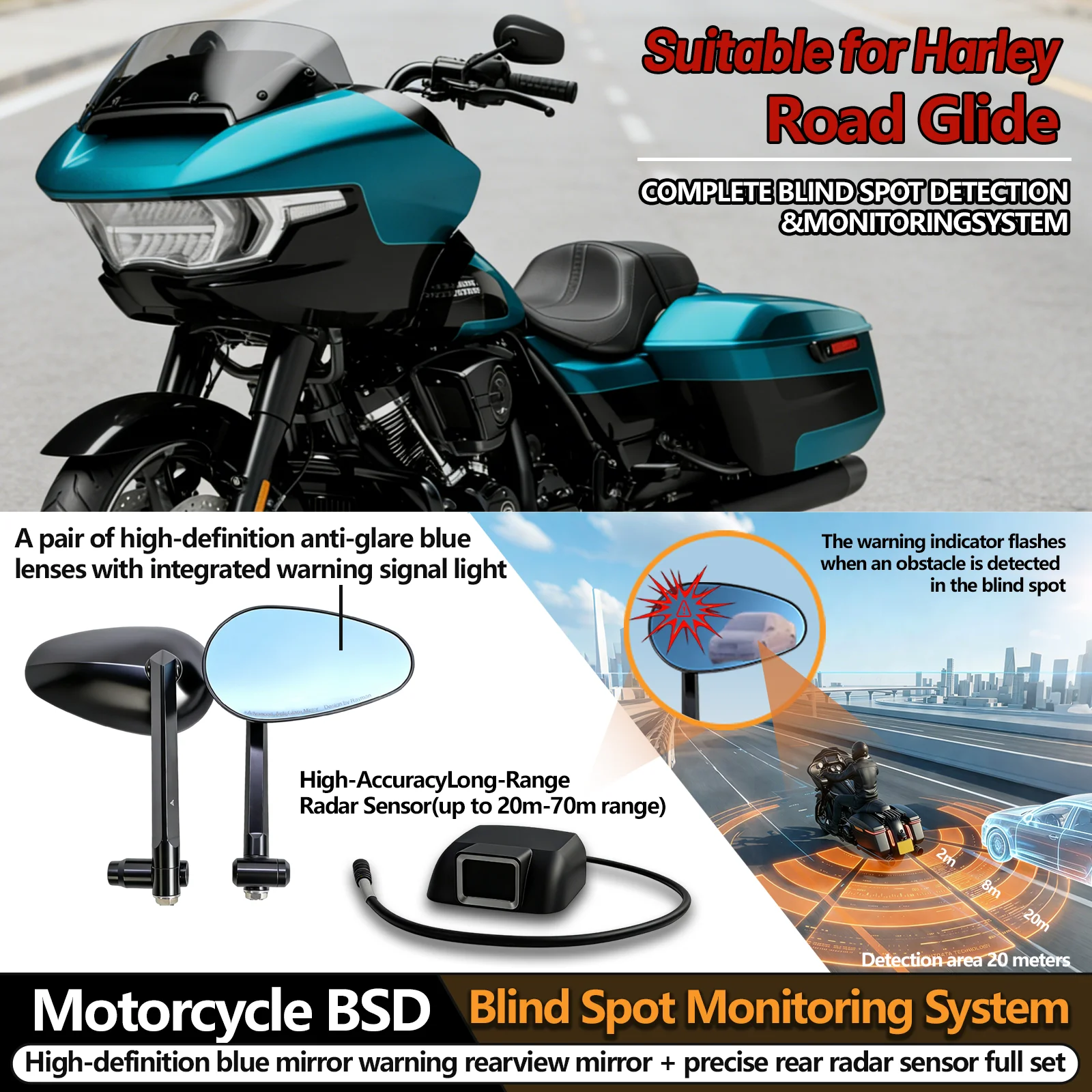 For Harley Road Glide Motorcycle BSD Blind Spot Detection System LCA Lane Change Assistance All-Weather Safety Protection