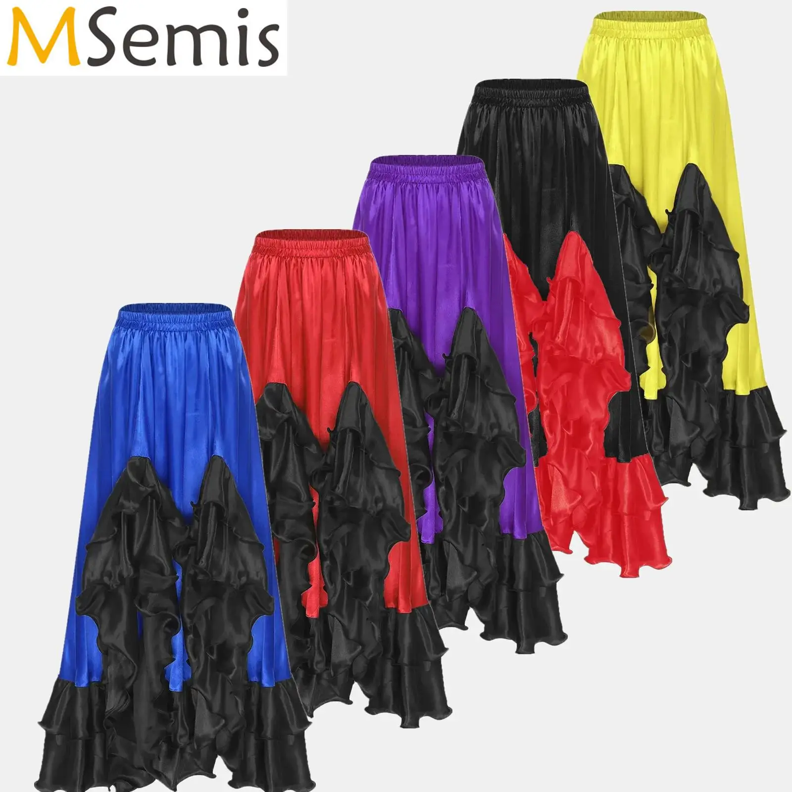 

Womens Flamenco Spanish Satin Big Swing Skirt Tango Salsa Dance Skirt Ruffled Trim Classic Gypsy Waltz Ballroom Dance Costume
