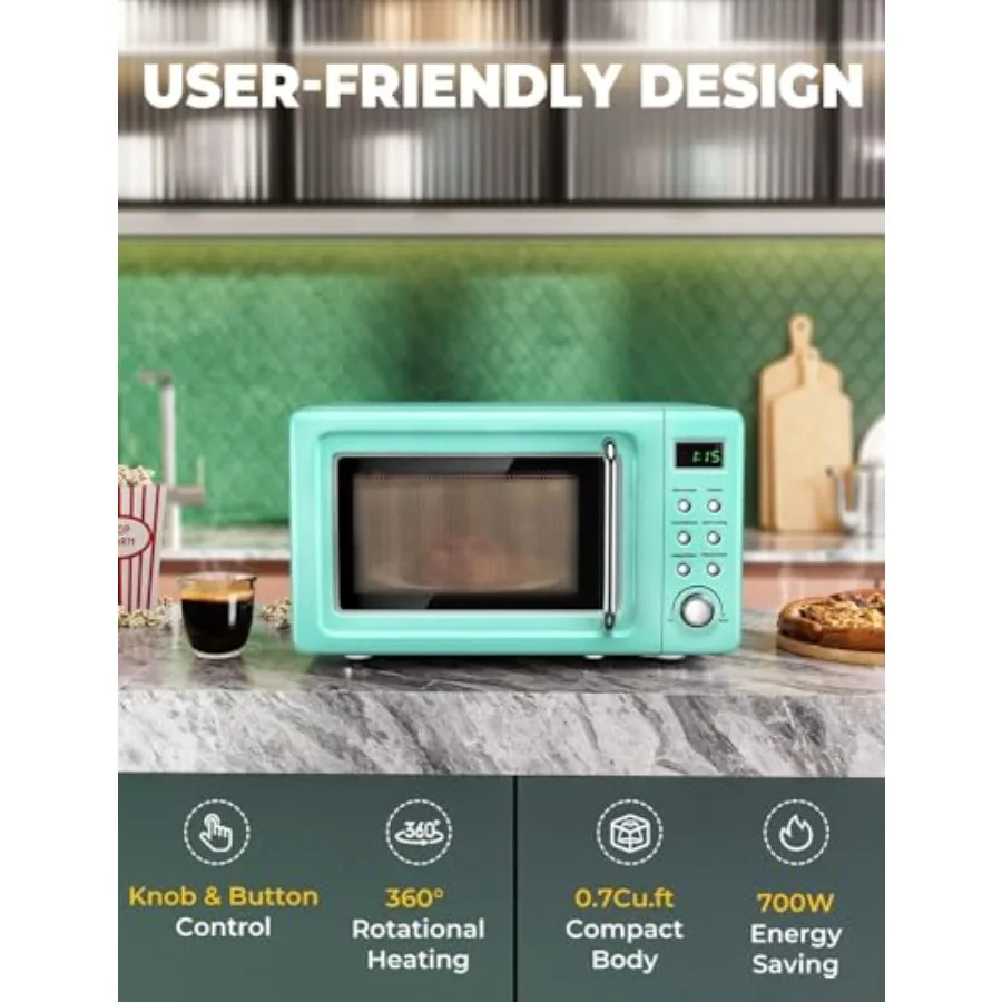 Countertop Retro Microwave Oven 0.7 Cu Ft Small Microwave with Defrost 5 Micro Power 8 Auto-cooking Set Child Lock Compact Micr