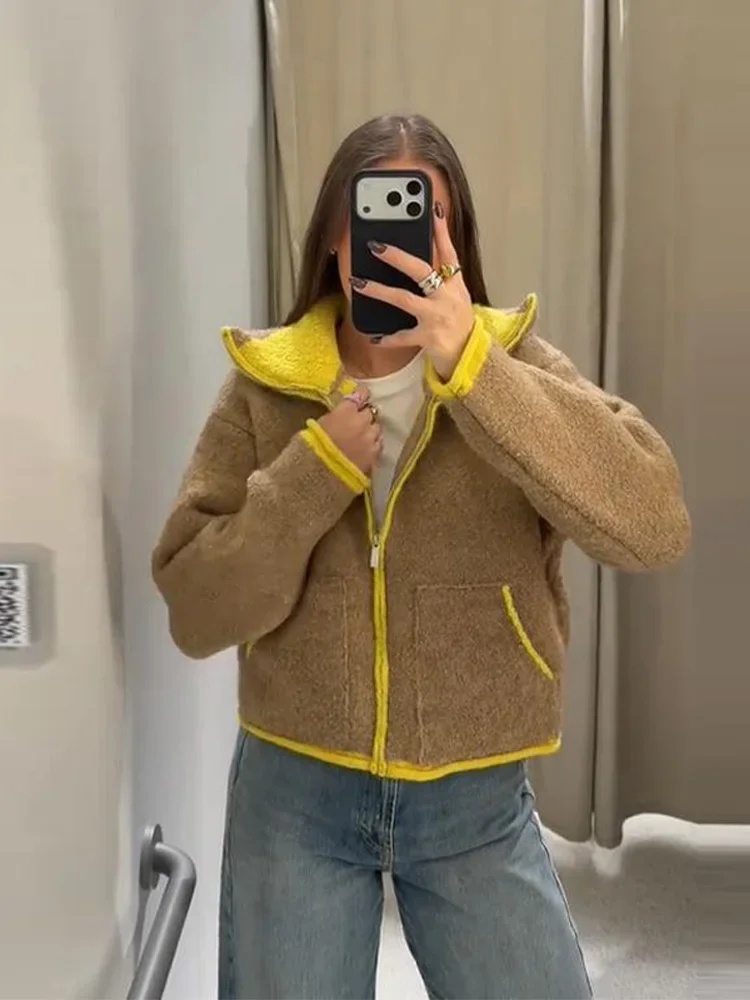 

Женская вязаная укороченная куртка с высоким воротом, цветное пальто на молнии, зимняя верхняя одежда, повседневное пальто из шерпа большого размера, модная одежда