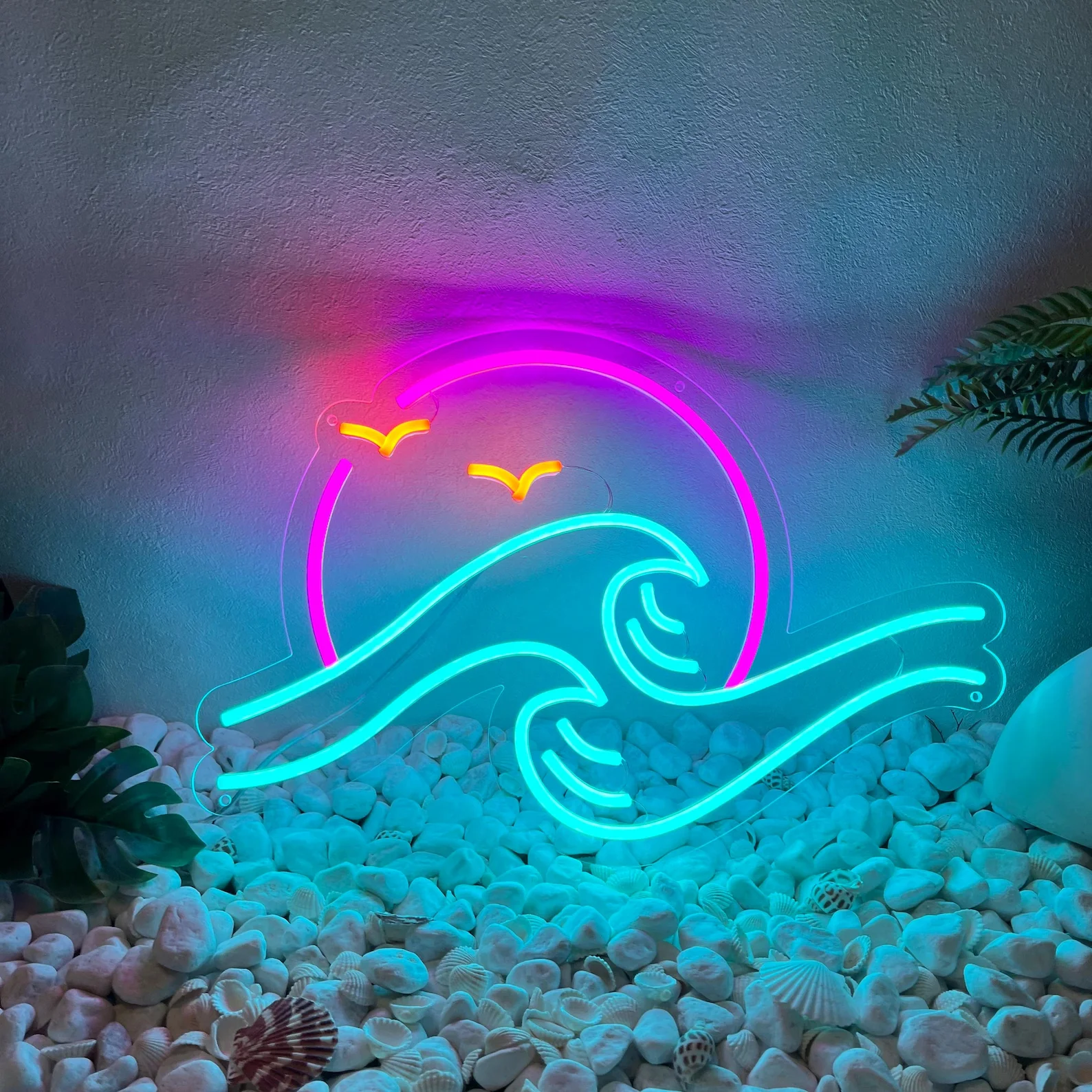 Setting Moon Neon Sign,Wave Sunset Flying Birds Neon,Ocean Wave Wall Art,Sunset Coastal Room Decor,Beach House/Home Wall Decor