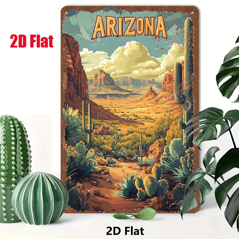 2D Flat - 1pc 2D[Flat] Metal Sign [Retro Tin Painting]8X12 Inches/20X30 Cm, Depicting The Magnificent Desert Landscape of Arizon