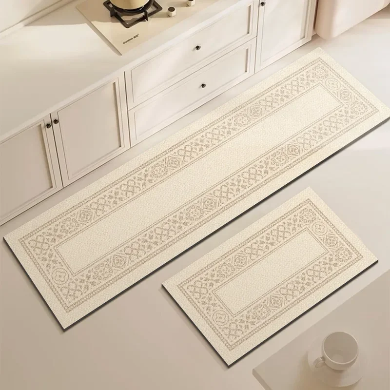Kitchen Floor Mat Anti-slip Oil-proof Erasable Carpet Leather PVC Waterproof Rug Beige Line Texture Home Decoration Mats 주방 카펫