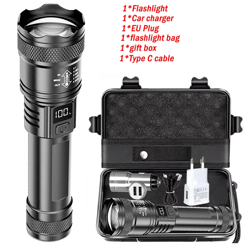 Hoogwaardige led-zaklampen 300000 LM tactische zaklamp met displaylicht USB-opladen Camping Vissen Defensa Zoom-lantaarn
