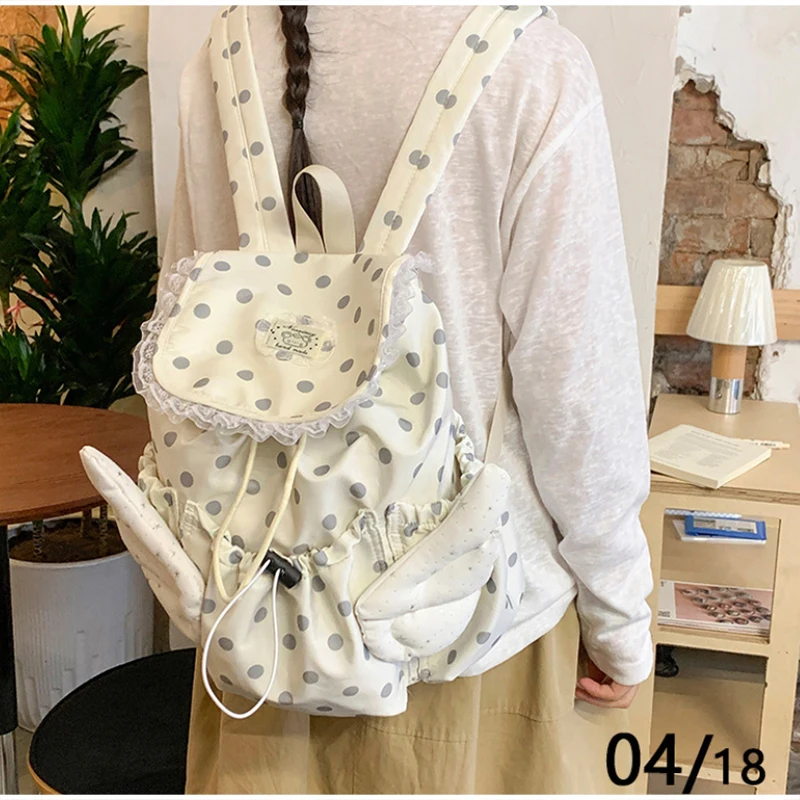 Angel Wings Polka Dot Studenten-Rucksack mit Kordelzug, koreanische süße süße Schultasche aus Nylon, leichte, lässige, geräumige Reisetasche – Detail 14
